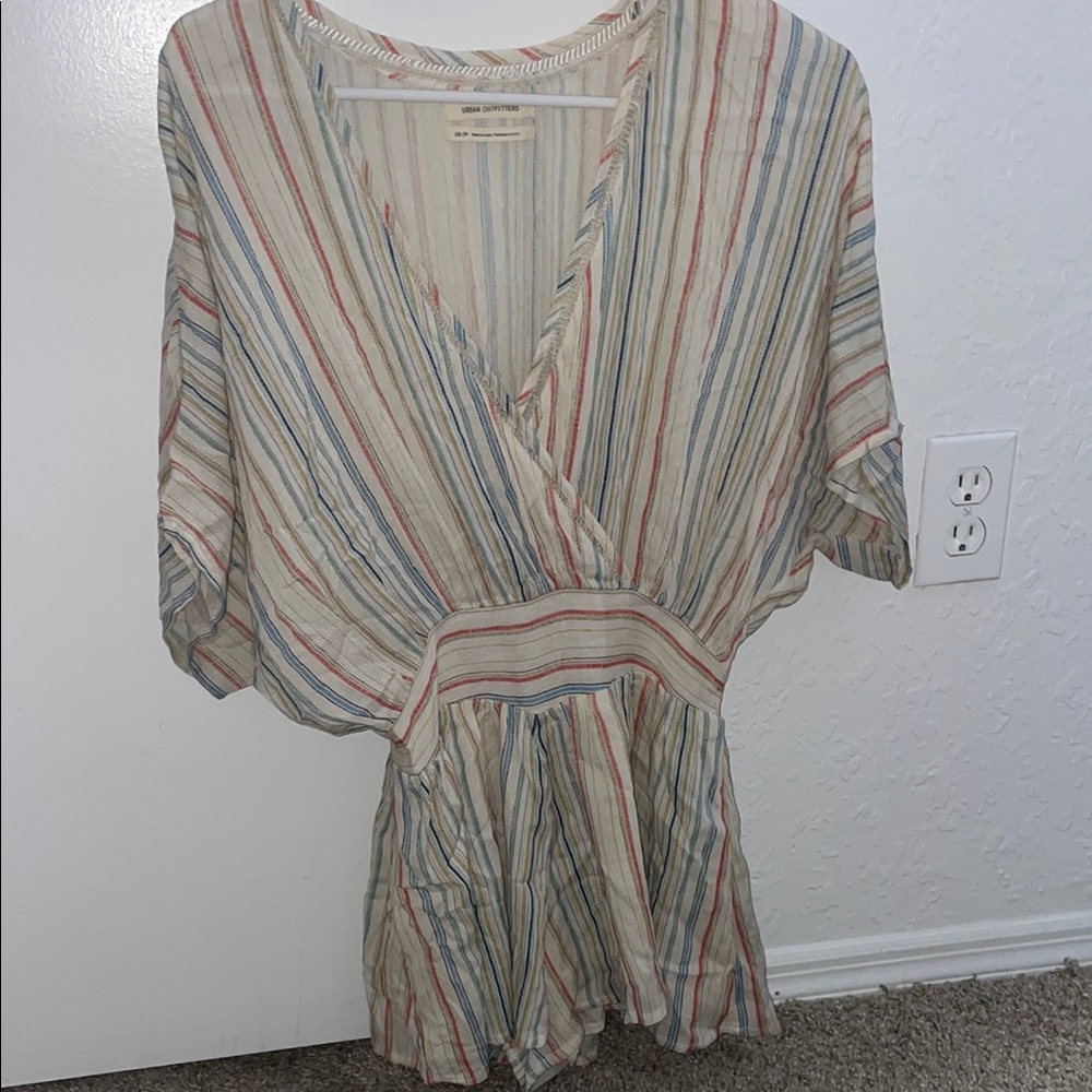 Tan and Blue V-neck Dolman Sleeve Blouse with Wrap Peplum Style